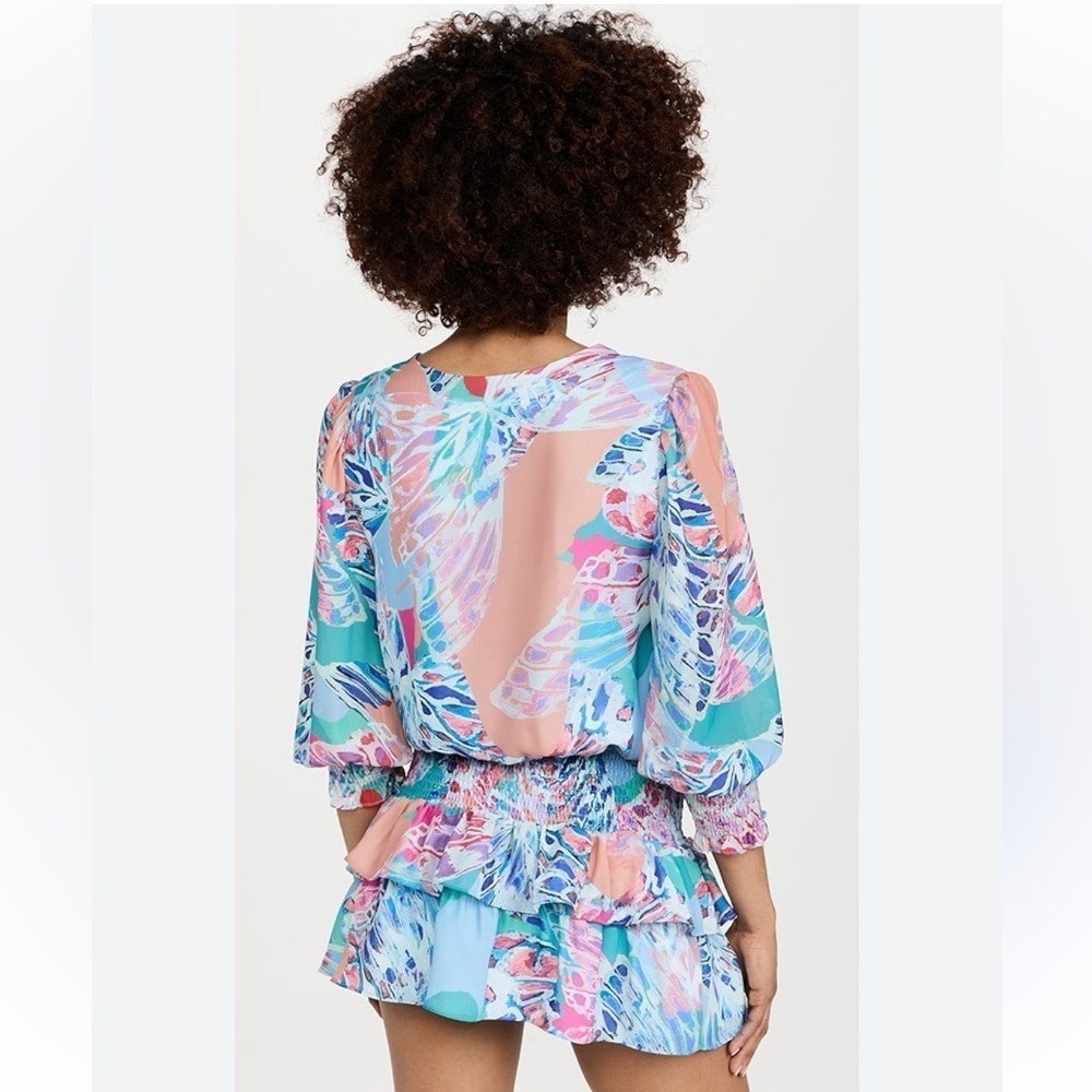 NWT,Amanda Uprichard Floral Mini Dress Pastel Ruffle Smocked Waist Resort SIZE S - Picture 5 of 9